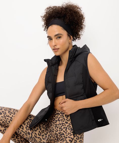 colete puffer feminino alongado esportivo ace preto