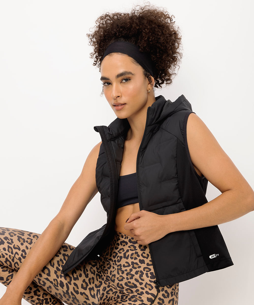 colete puffer feminino alongado esportivo preto