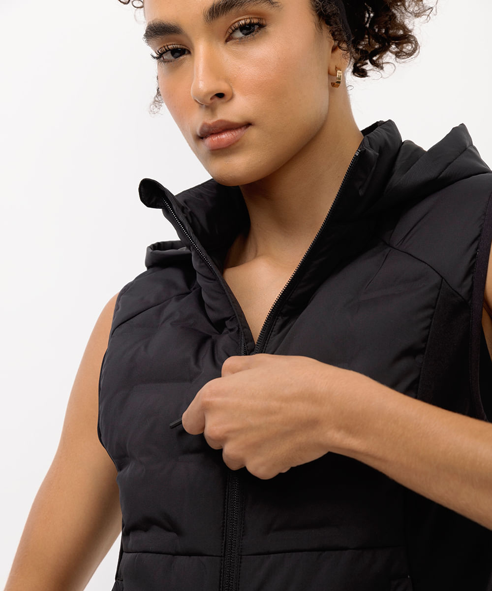 colete puffer feminino alongado esportivo preto