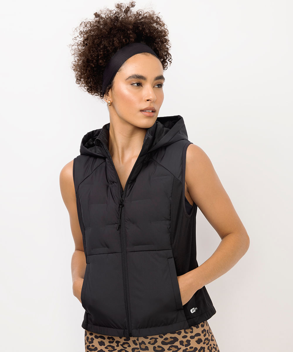 colete puffer feminino alongado esportivo preto