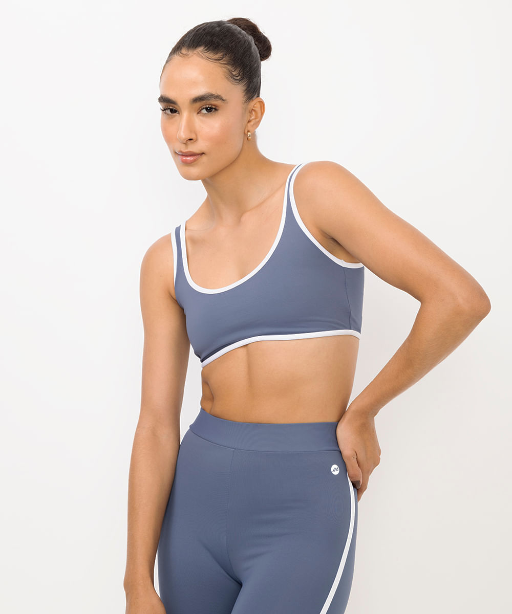 top feminino esportivo bicolor azul