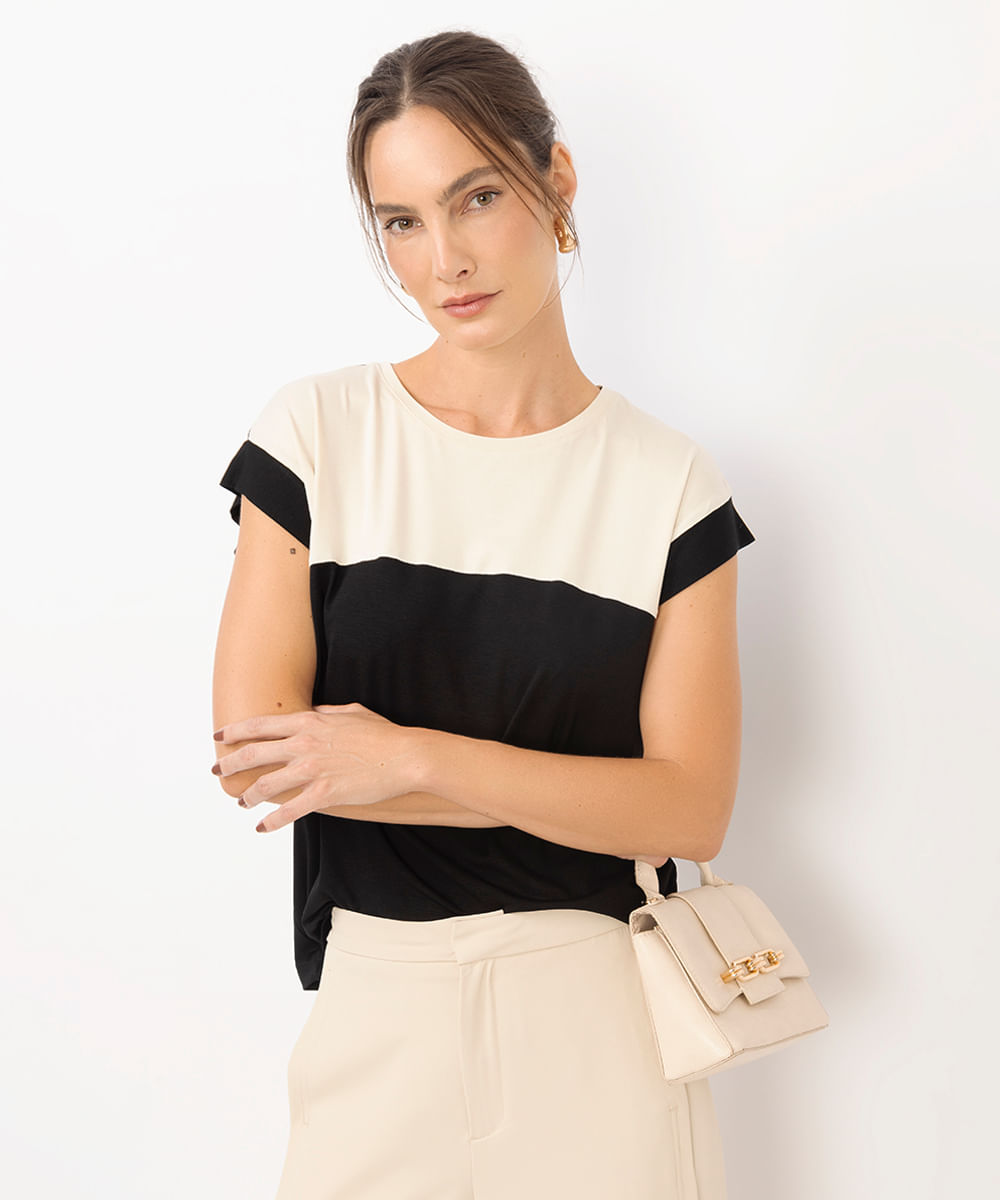 regata muscle feminina de viscose bicolor preta