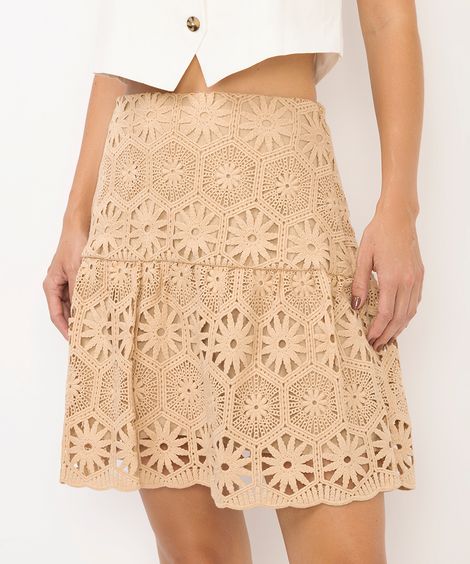 saia curta feminina de renda floral bege