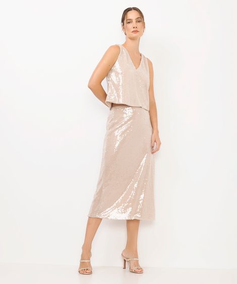 saia midi feminina de paetês com fenda bege