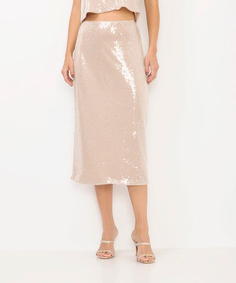 saia midi feminina de paetês com fenda bege