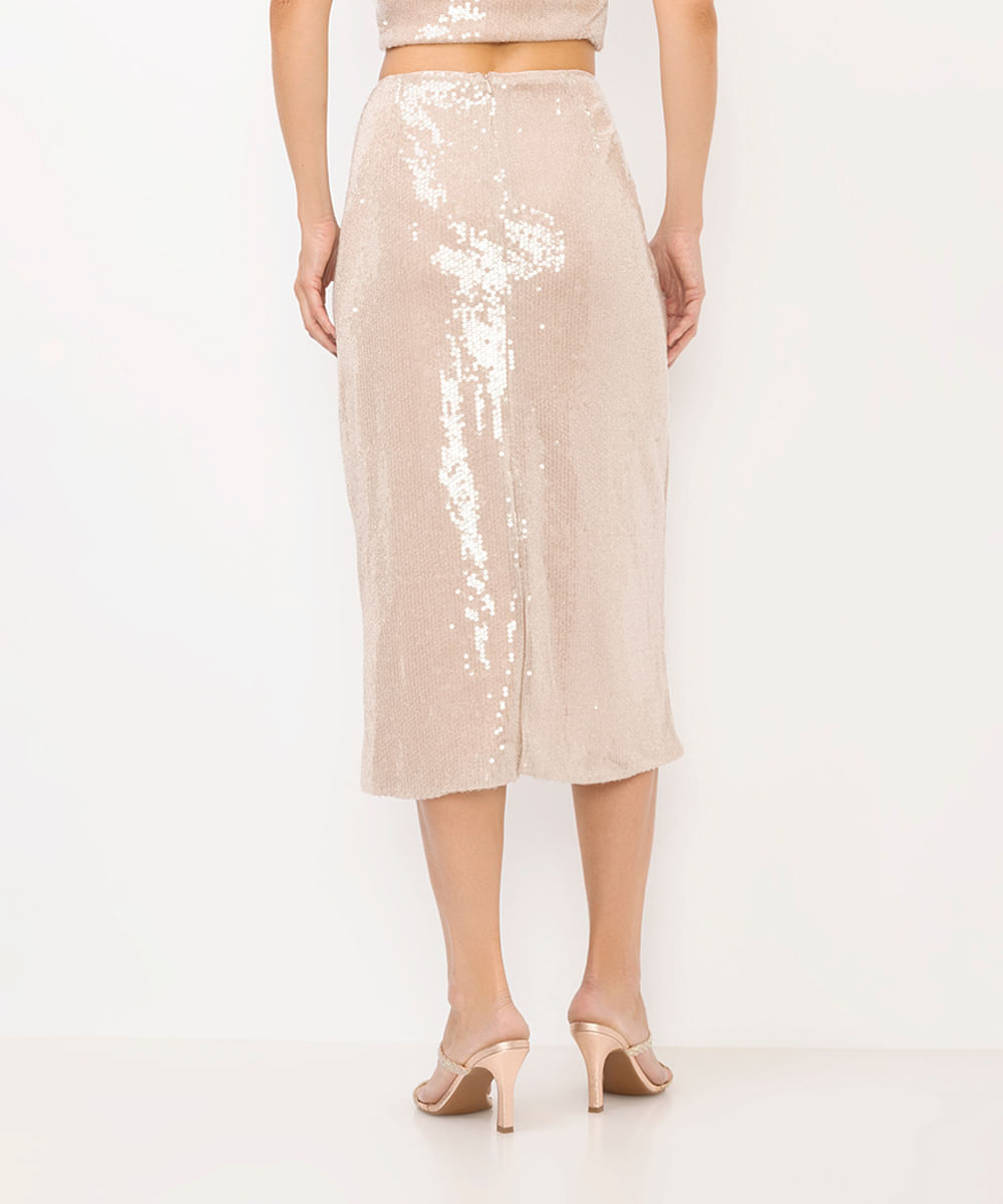 saia midi feminina de paetês com fenda bege