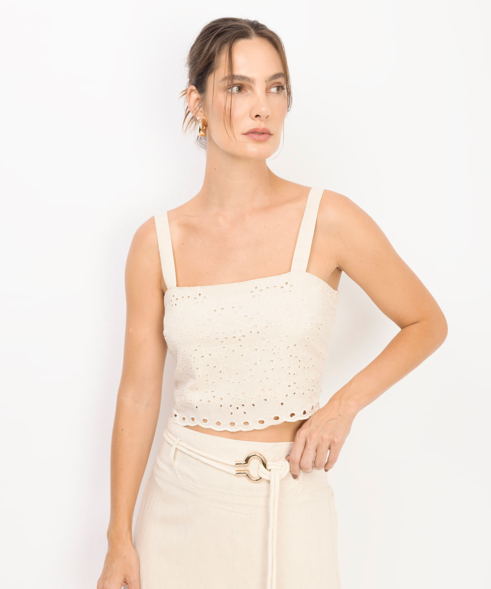 cropped feminino com linho floral bege