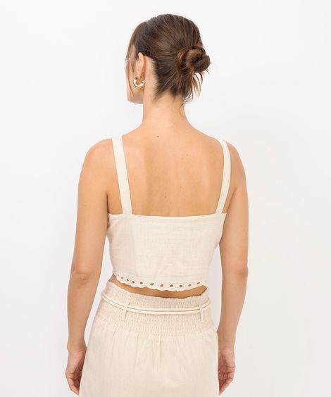 cropped feminino com linho floral bege