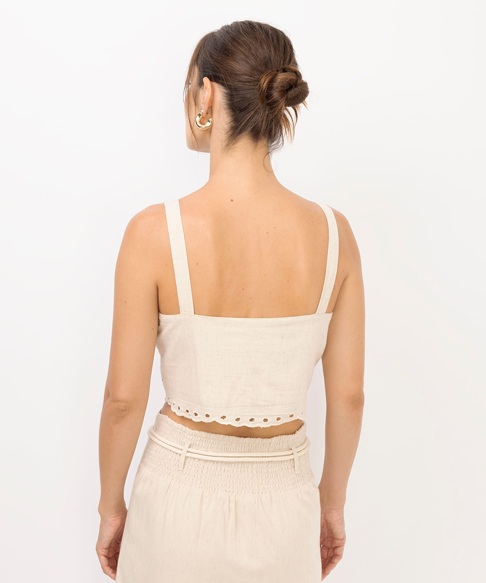 cropped feminino com linho floral bege