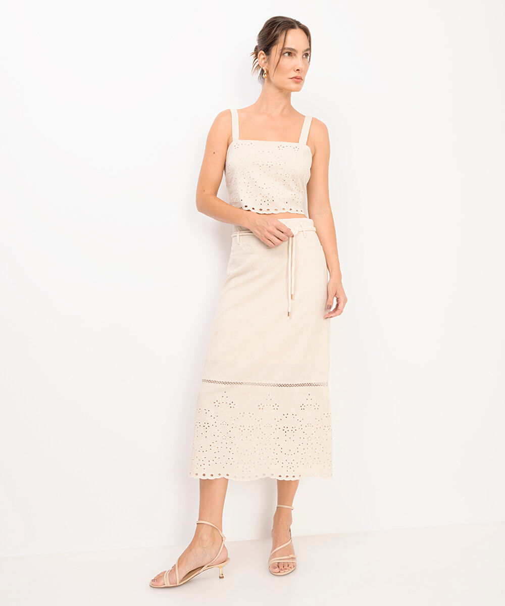 saia midi com linho bordado floral bege