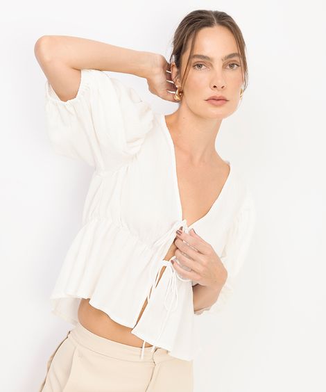 blusa feminina com amarração texturizada off white
