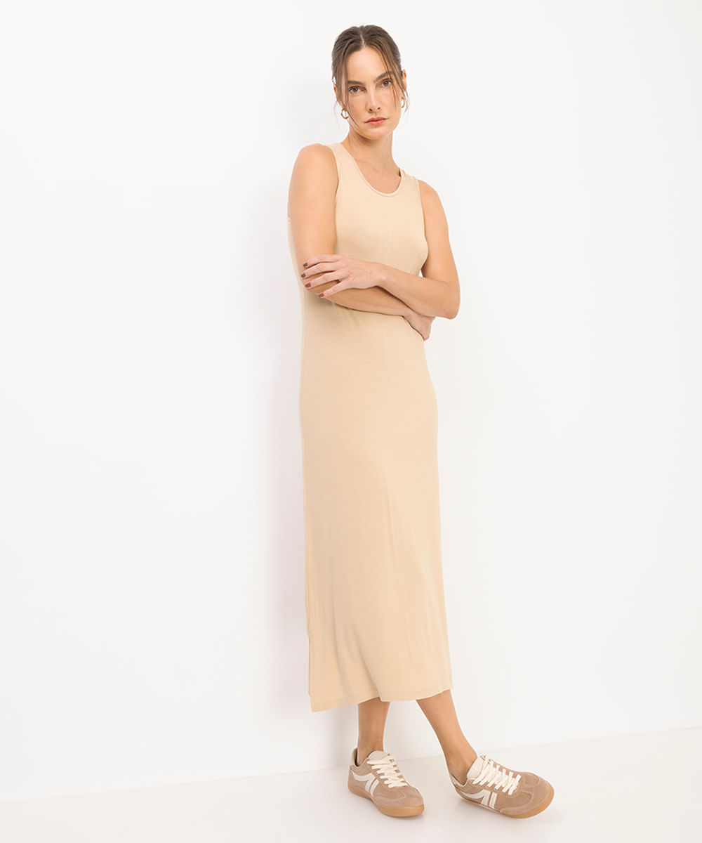 vestido midi feminino básico de viscose bege