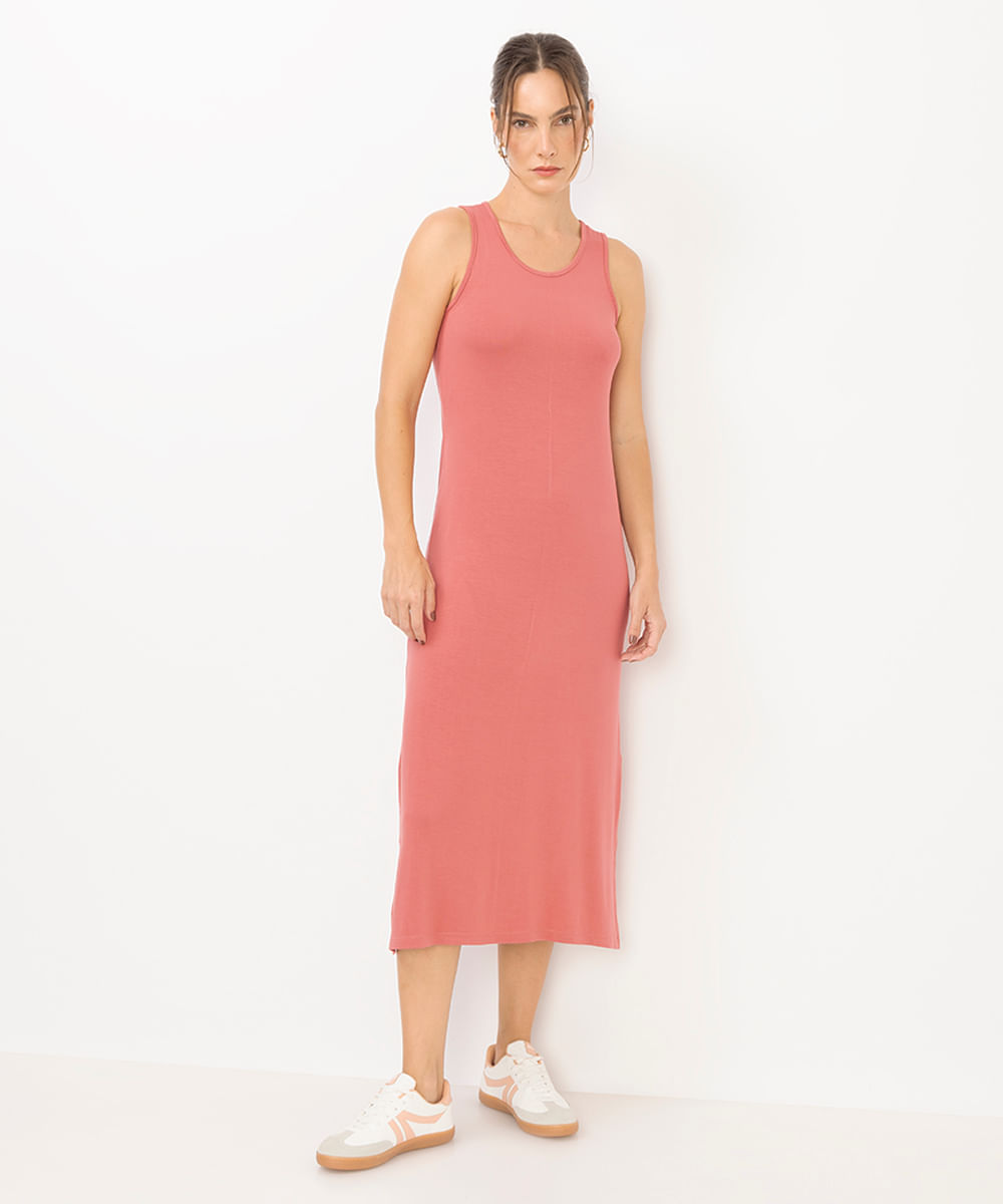 vestido midi feminino básico de viscose rosa