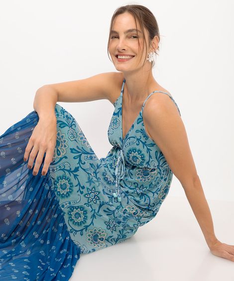 vestido midi feminino de tule estampado azul
