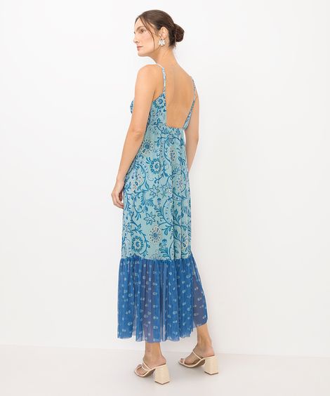 vestido midi feminino de tule estampado azul