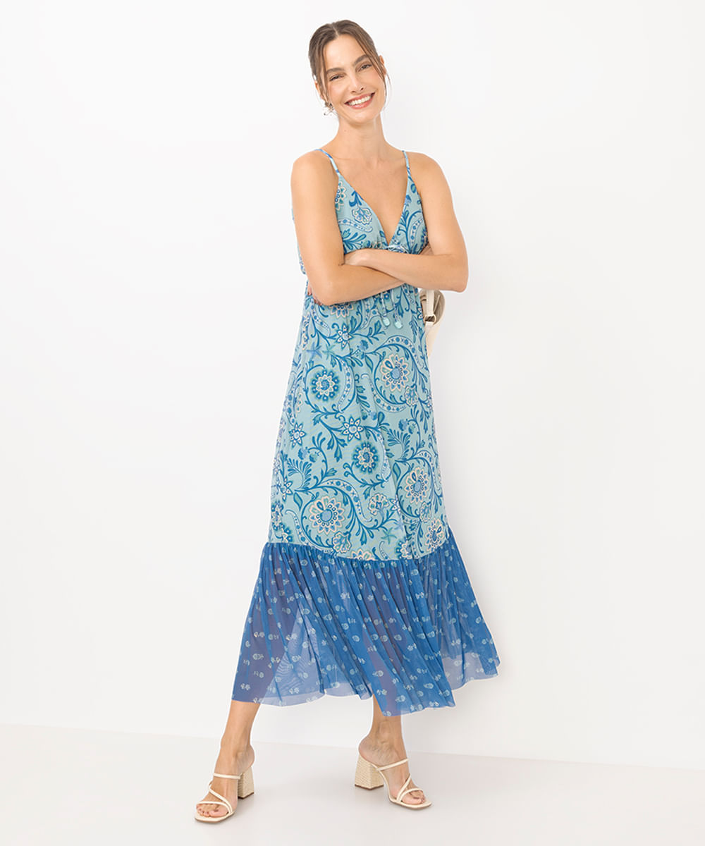 vestido midi feminino de tule estampado azul