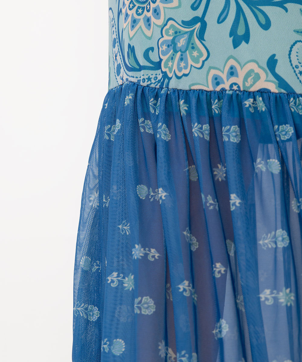 vestido midi feminino de tule estampado azul