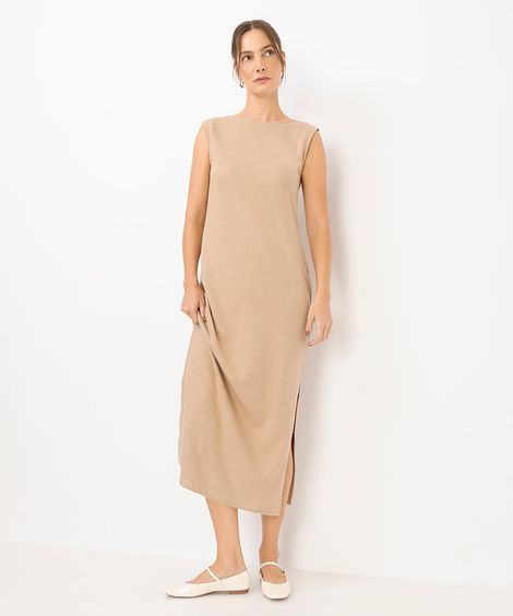 vestido longo de algodão com fendas bege