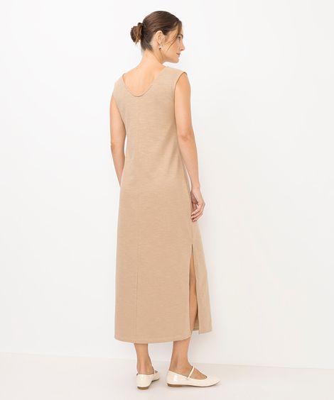 vestido longo de algodão com fendas bege