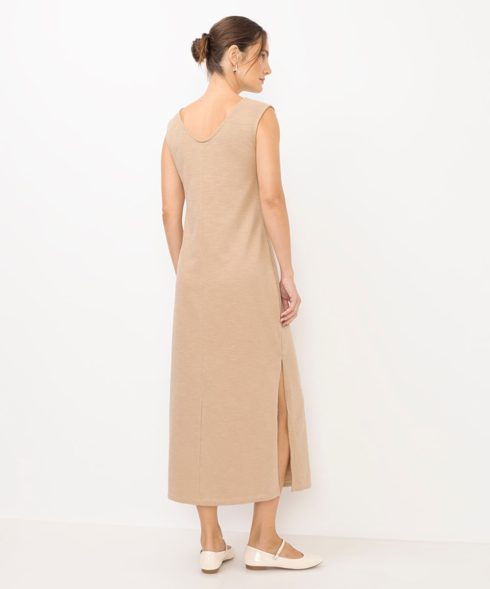 vestido longo de algodão com fendas bege