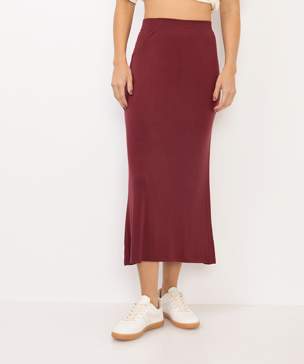 saia midi feminina básica de viscose vinho