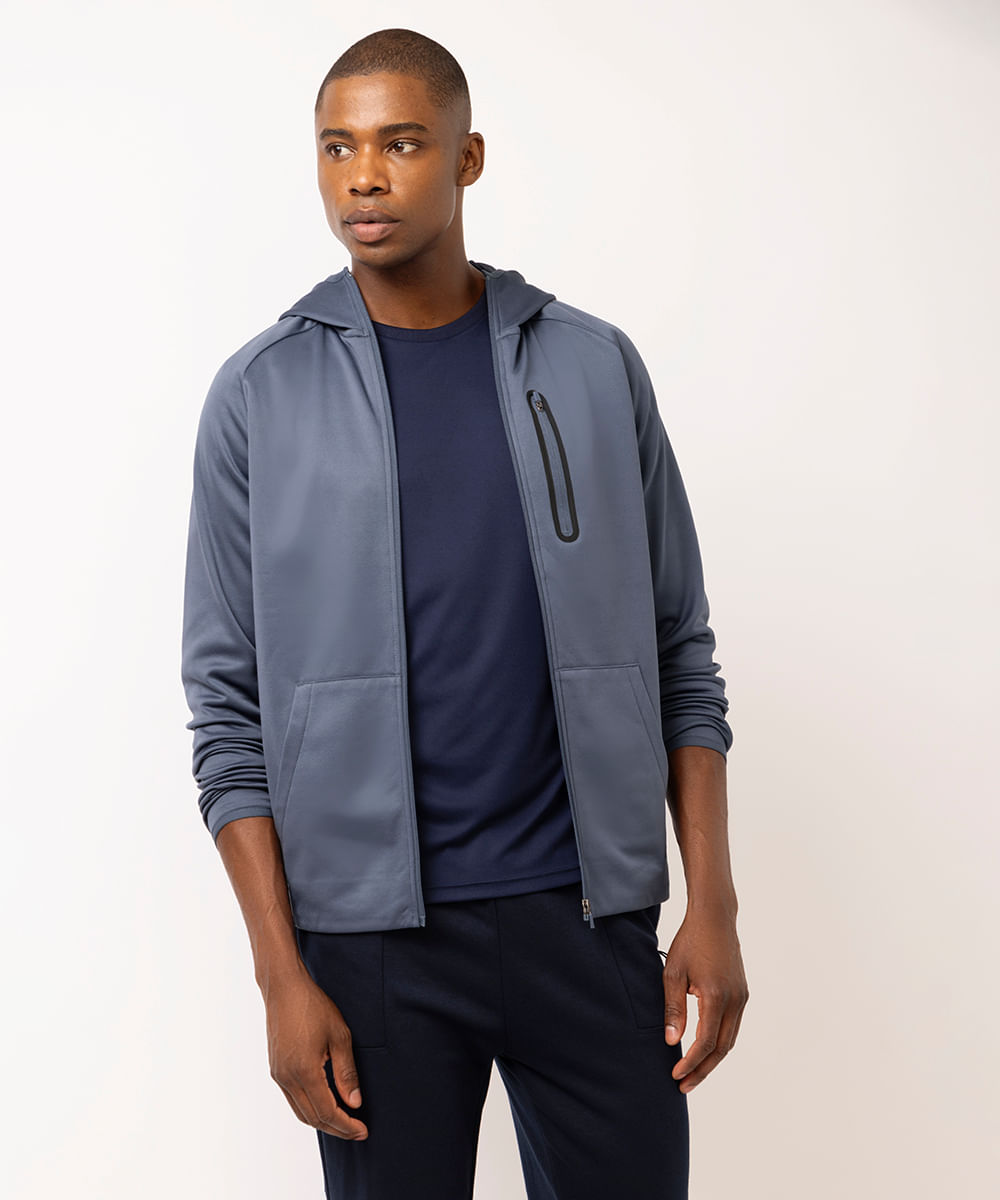 jaqueta masculina esportiva com capuz azul