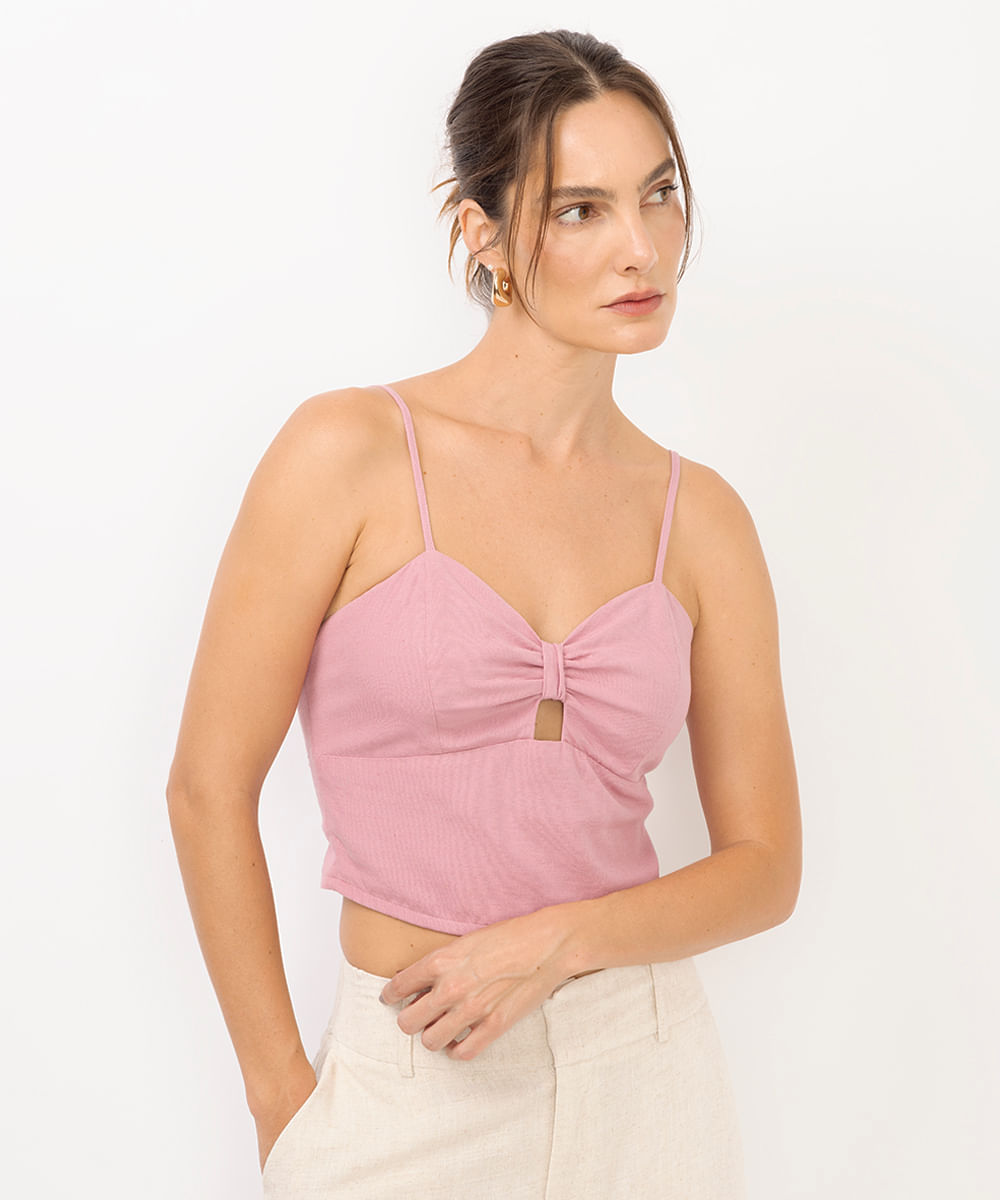 cropped feminino decote coração com linho rosa