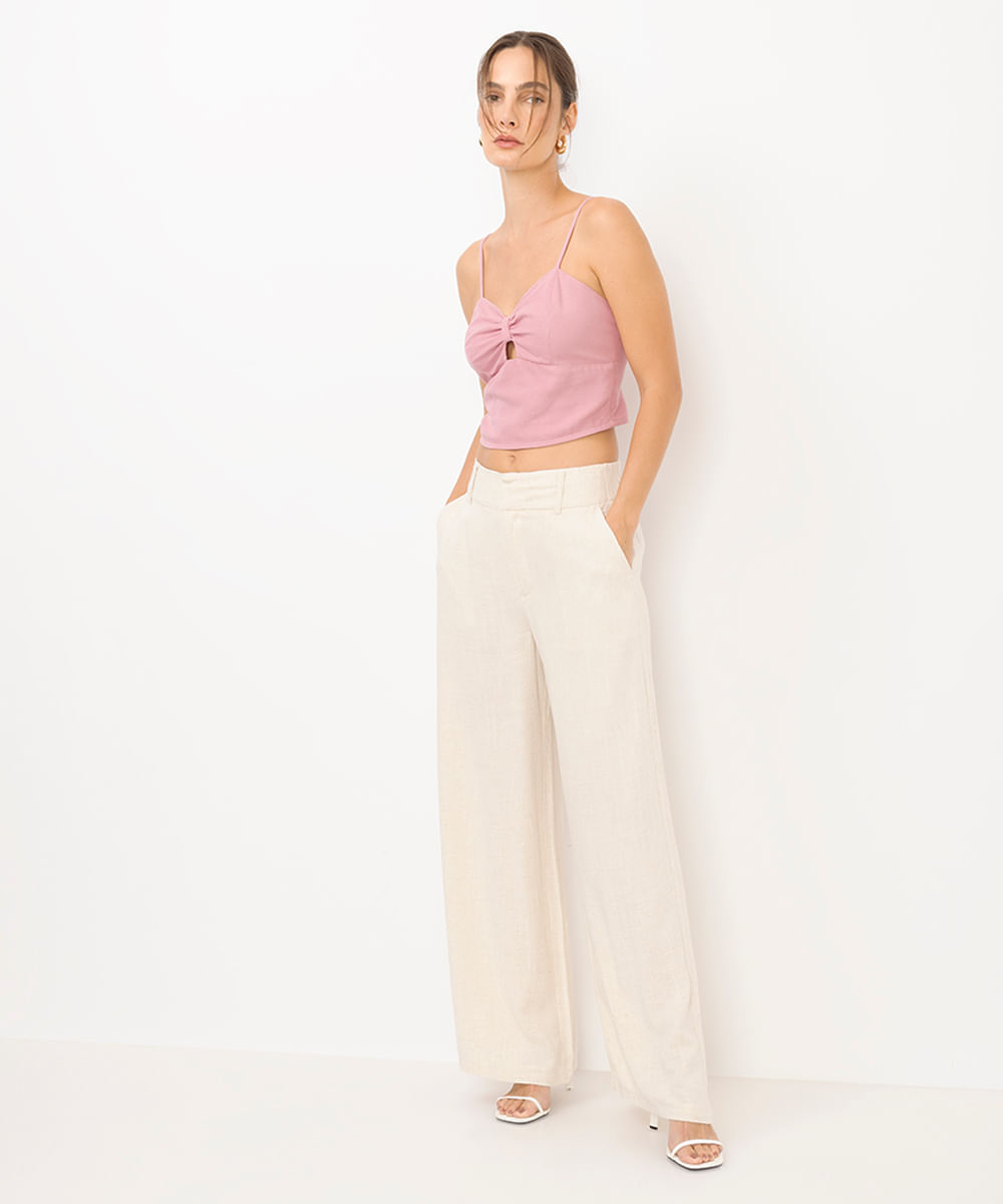 cropped feminino decote coração com linho rosa