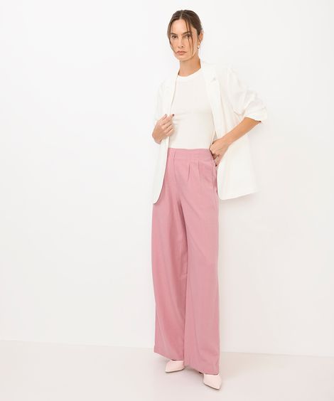 calça wide leg feminina com linho rosa