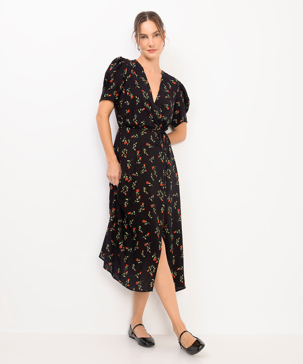 vestido midi feminino de viscose floral preto