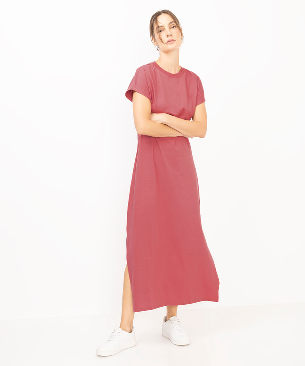 vestido de algodão básico com fenda longo rosa