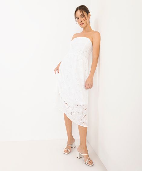 vestido midi feminino de laise floral branco