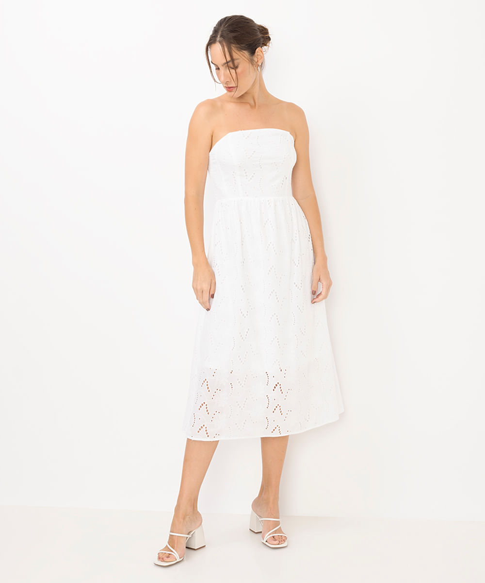 vestido midi feminino de laise floral branco
