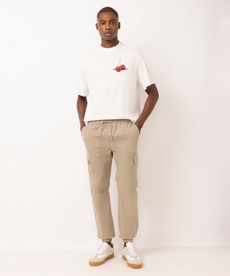 calça jogger masculina de sarja com bolso cargo bege