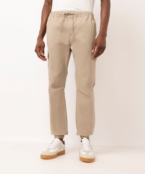 calça jogger masculina de sarja com bolso cargo bege