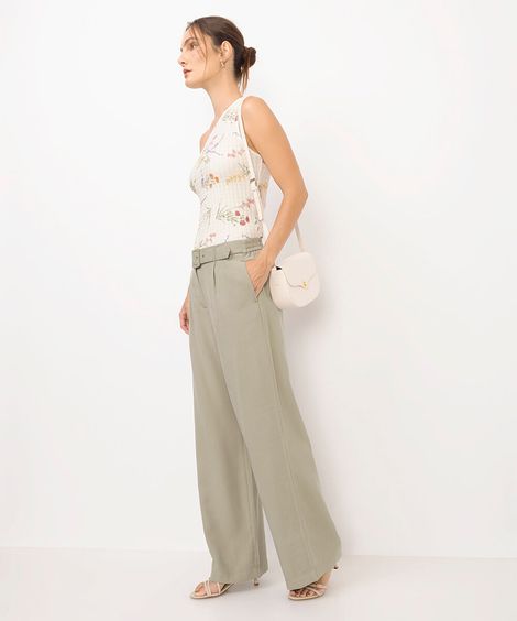 calça wide leg alfaiataria cintura alta com cinto verde