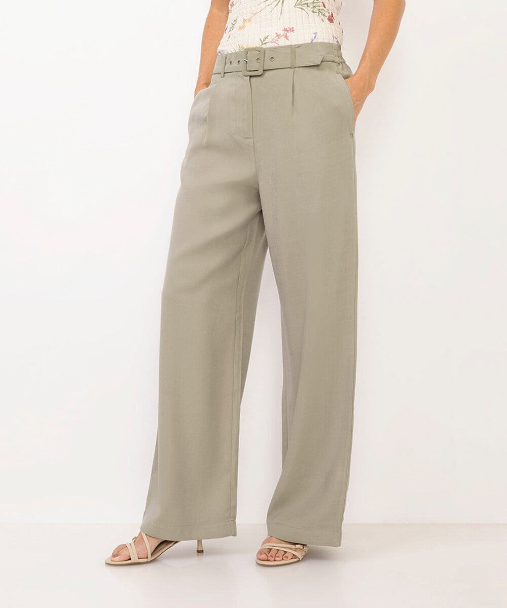 calça wide leg alfaiataria cintura alta com cinto verde