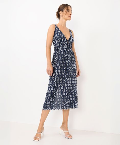 vestido midi feminino bordado floral azul