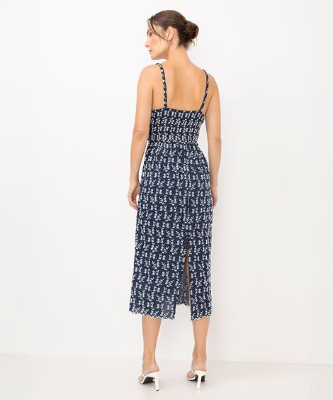 vestido midi feminino bordado floral azul