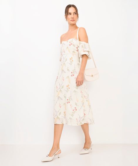 vestido midi feminino manga bufante floral off white