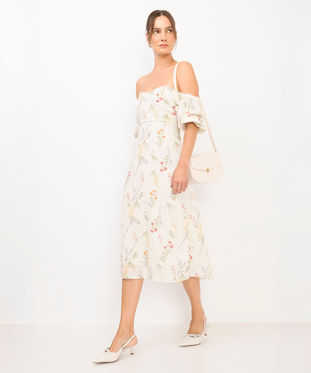 vestido midi feminino manga bufante floral off white