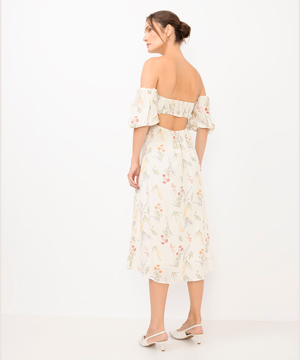 vestido midi feminino manga bufante floral off white