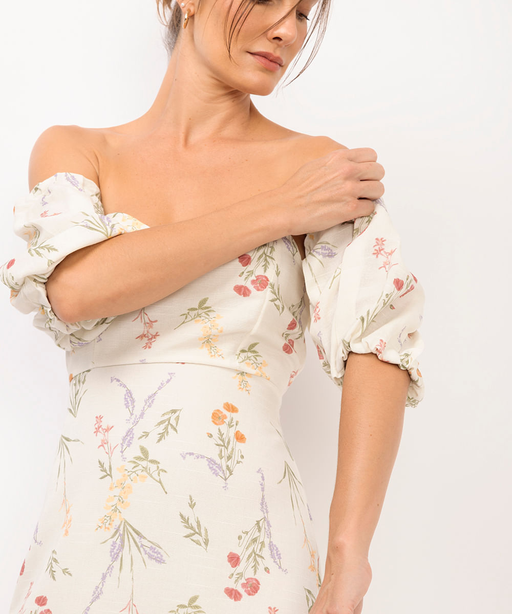 vestido midi feminino manga bufante floral off white