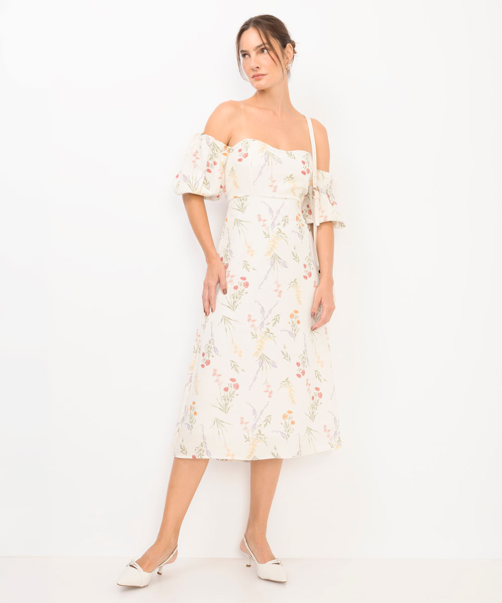 vestido midi feminino manga bufante floral off white