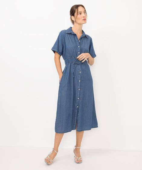 vestido chemise feminino jeans manga curta azul
