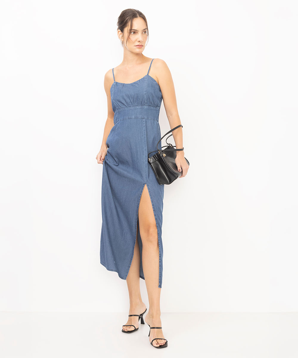 vestido midi feminino jeans com fenda azul