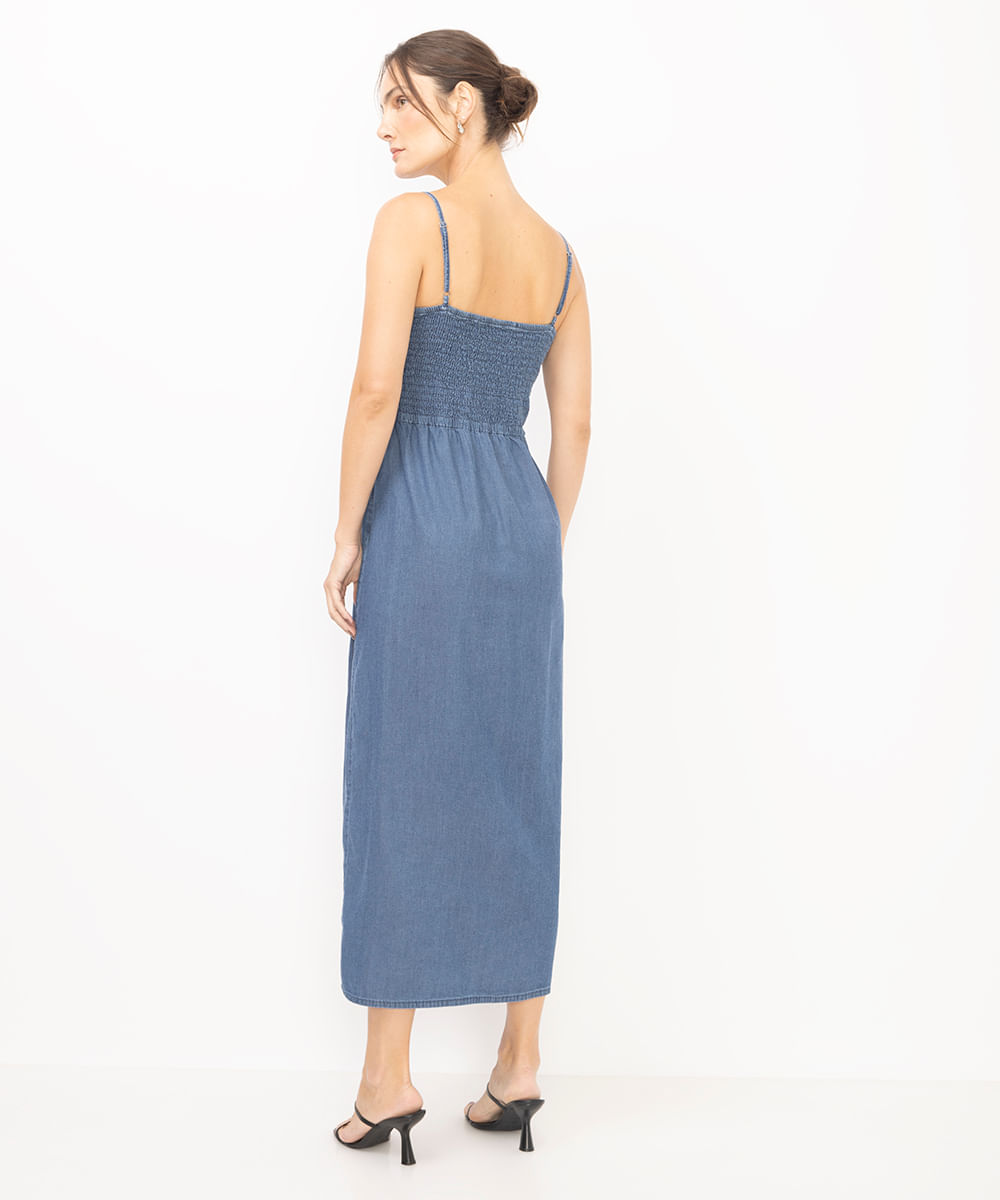 vestido midi feminino jeans com fenda azul