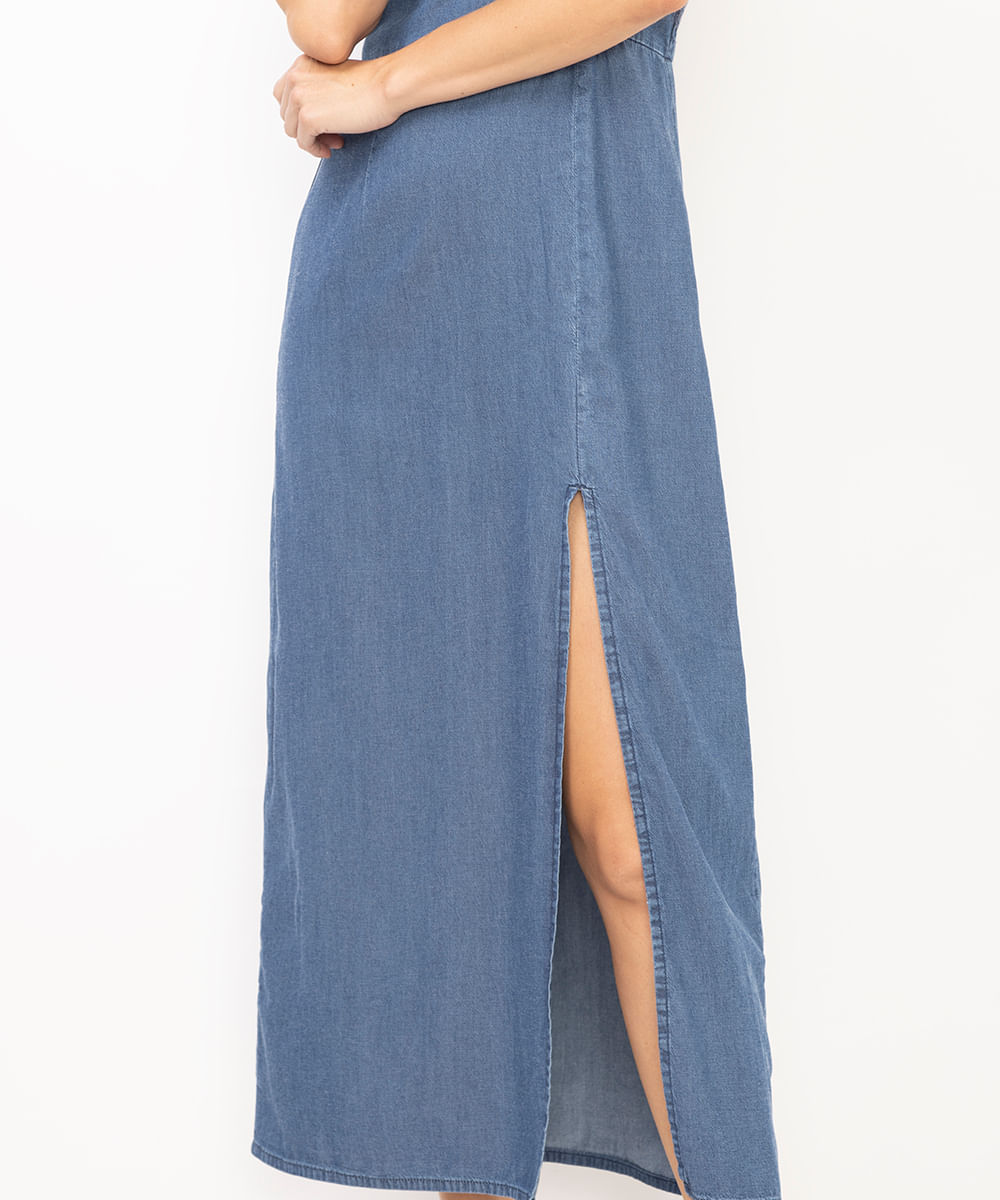 vestido midi feminino jeans com fenda azul