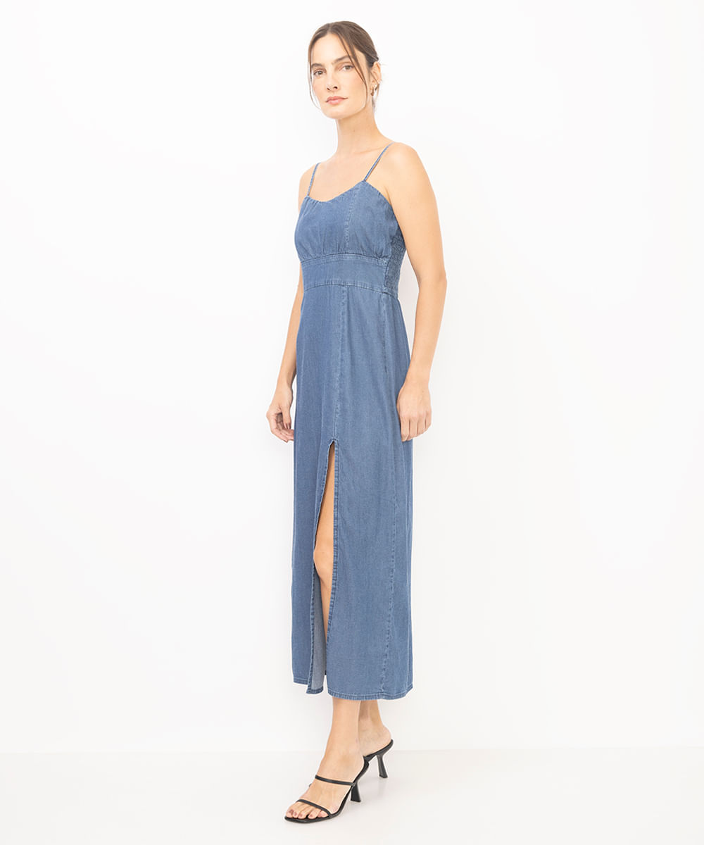vestido midi feminino jeans com fenda azul