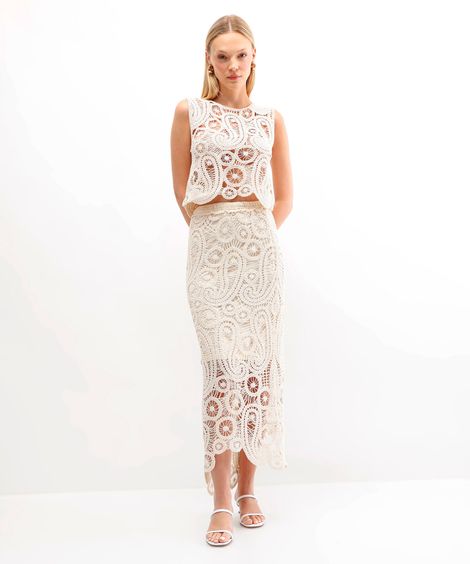 saia midi de crochet arabescos bege